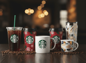 A stunning, professional e-commerce hero image showcasing a collection of iconic Starbucks cups — including the classic green logo cup, seasonal holiday red cups, cold brew clear cups with straws, and limited edition designs. Arranged beautifully on a dark wooden surface with coffee beans scattered around. Warm café lighting, rich deep tones of dark green, brown, and cream. Premium product photography style, clean and elegant, slight bokeh background effect.