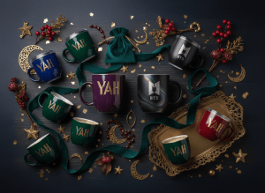 A stylish flat lay or artistic display of custom cups and mugs featuring YAH and BTS branding, surrounded by elegant decorative ornaments and accessories. Rich colors, festive and premium aesthetic, dark moody background with gold accents.
