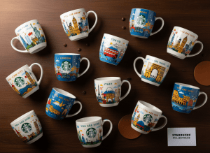 A beautiful flat lay or display of Starbucks collectible mugs from the "You Are Here" and "Been There" series, showing several colorful city/country mugs with their iconic illustrated designs, arranged elegantly on a dark background with warm lighting. The mugs feature the distinctive Starbucks collector mug style with city landmarks illustrated on them.